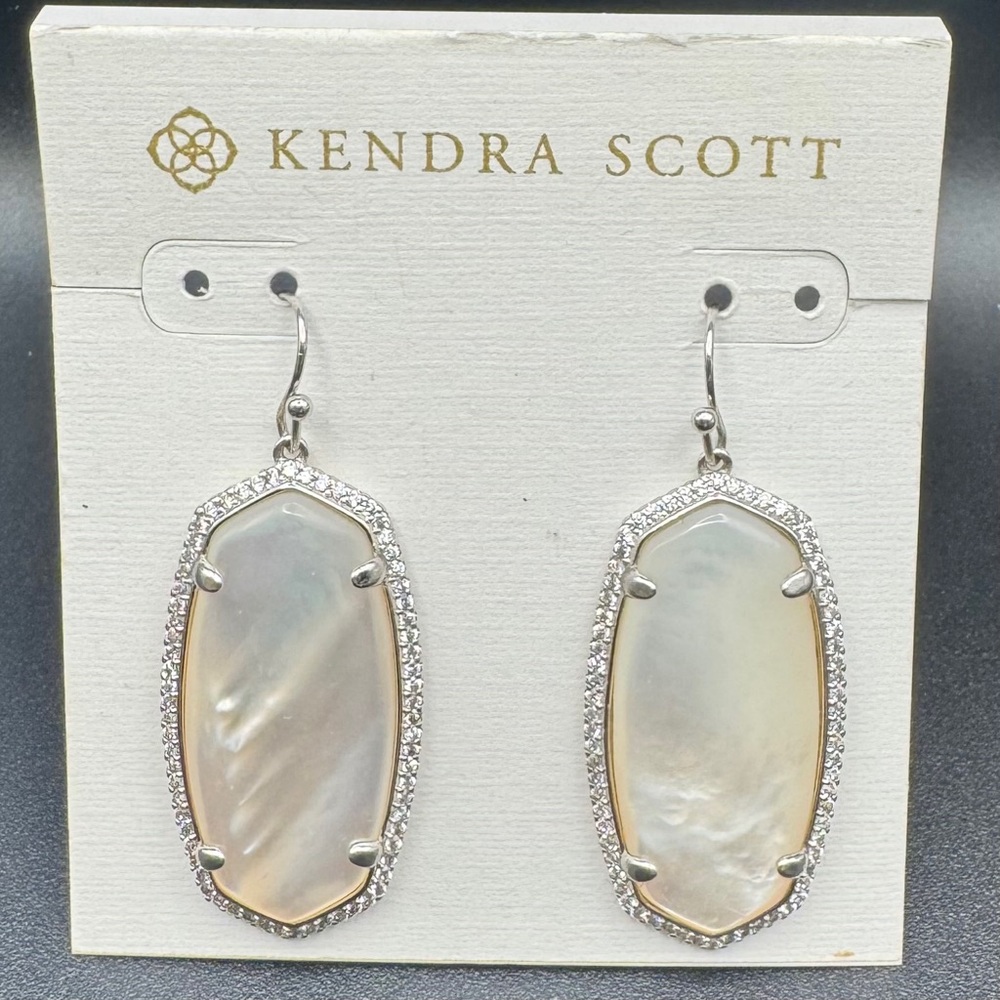 🤍Kendra Scott Elle Pavé MOP Drop Earrings| Silver Crystal Halo| Iridescent Shell